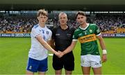 24 June 2023; Referee John Gilmartin with team captains Matthew Carolan of Monaghan and Evan Boyle of Kerry before the Electric Ireland GAA All-Ireland Football Minor Championship Semi-Final match between Kerry and Monaghan at Glenisk O'Connor Park in Tullamore, Offaly. Photo by Seb Daly/Sportsfile