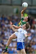 24 June 2023; Evan Boyle of Kerry in action against Matthew Carolan of Monaghan during the Electric Ireland GAA All-Ireland Football Minor Championship Semi-Final match between Kerry and Monaghan at Glenisk O'Connor Park in Tullamore, Offaly. Photo by Seb Daly/Sportsfile