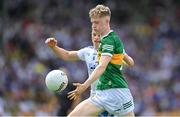 24 June 2023; Gearóid Evans of Kerry in action against Tommy Mallen of Monaghan during the Electric Ireland GAA All-Ireland Football Minor Championship Semi-Final match between Kerry and Monaghan at Glenisk O'Connor Park in Tullamore, Offaly. Photo by Seb Daly/Sportsfile