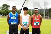 24 June 2023; Rus Veikune from Campbell College, Ulster, centre, who won the Boys 100m, second place Lemar Lucciano Babriel, right, from Colaiste Muire Mathair, Connacht and third place David Ebo from Midleton CBS, Munster, during the 123.ie Tailteann School’s Interprovincial Games at the SETU Campus in Carlow. Photo by Matt Browne/Sportsfile