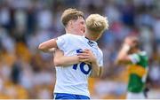 24 June 2023; Monaghan players Matthew Carolan, left, and Jamie McCaughey celebrate after their side's victory in the Electric Ireland GAA All-Ireland Football Minor Championship Semi-Final match between Kerry and Monaghan at Glenisk O'Connor Park in Tullamore, Offaly. Photo by Seb Daly/Sportsfile