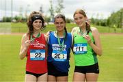 24 June 2023; Caoimhe Byrne O'Connell, 204, from Mary I Lisdoonvarna, Munster, who won the Girls 300m Hurdles with second place Molly Daly, 111, from Loreto Kilkenny, Leinster, and third place Orlaith Mannion, 22, from Seamount College Kinvara, Connacht, during the 123.ie Tailteann School’s Interprovincial Games at the SETU Campus in Carlow. Photo by Matt Browne/Sportsfile
