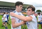 24 June 2023; Monaghan players Seán O’Connell, left, and Donnachadh Connolly after their side's victory in the Electric Ireland GAA All-Ireland Football Minor Championship Semi-Final match between Kerry and Monaghan at Glenisk O'Connor Park in Tullamore, Offaly. Photo by Seb Daly/Sportsfile