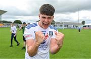 24 June 2023; Tomás Quinn of Monaghan celebrates after his side's victory in the Electric Ireland GAA All-Ireland Football Minor Championship Semi-Final match between Kerry and Monaghan at Glenisk O'Connor Park in Tullamore, Offaly. Photo by Seb Daly/Sportsfile