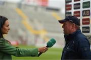 24 June 2023; Cork manager John Cleary is interviewed by GAAGO reporter Aisling O'Reilly before the GAA Football All-Ireland Senior Championship Preliminary Quarter Final match between Cork and Roscommon at Páirc Uí Chaoimh in Cork. Photo by Tom Beary/Sportsfile