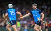 24 June 2023; Darragh Power of Dublin, 15, celebrates scoring a goal in the 18th minute with teammate Cian O'Sullivan during the GAA Hurling All-Ireland Senior Championship Quarter Final match between Clare and Dublin at TUS Gaelic Grounds in Limerick. Photo by Ray McManus/Sportsfile