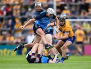 24 June 2023; Darragh Power of Dublin jumps over teammate Daire Gray during the GAA Hurling All-Ireland Senior Championship Quarter Final match between Clare and Dublin at TUS Gaelic Grounds in Limerick. Photo by Piaras Ó Mídheach/Sportsfile