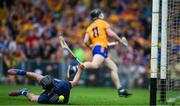 24 June 2023; Dublin goalkeeper Séan Brennan tumbles as he is beaten for Clare's 5th goal, scored by Tony Kelly of Clare in the 38th minute, during the GAA Hurling All-Ireland Senior Championship Quarter Final match between Clare and Dublin at TUS Gaelic Grounds in Limerick. Photo by Ray McManus/Sportsfile