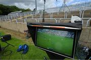 24 June 2023; The game between Kildare and Monaghan is broadcast on a GAAGO TV screen pitchside before the GAA Football All-Ireland Senior Championship Preliminary Quarter Final match between Donegal and Tyrone at MacCumhaill Park in Ballybofey, Donegal. Photo by Brendan Moran/Sportsfile