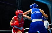 24 June 2023; Amy Broadhurst of Ireland, left, in action against Milena Matovic of Serbia in their Welterweight 66kg bout at the Nowy Targ Arena during the European Games 2023 in Poland. Photo by Tyler Miller/Sportsfile