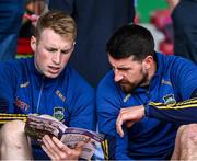 24 June 2023; Tipperary hurlers Patrick 'Bonner' Maher, right, and Brian McGrath before the GAA Hurling All-Ireland Senior Championship Quarter Final match between Galway and Tipperary at TUS Gaelic Grounds in Limerick. Photo by Piaras Ó Mídheach/Sportsfile