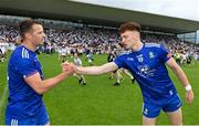 24 June 2023; Monaghan players Ryan Wylie, left, and Sean Jones after their side's victory in the GAA Football All-Ireland Senior Championship Preliminary Quarter Final match between Kildare and Monaghan at Glenisk O'Connor Park in Tullamore, Offaly. Photo by Seb Daly/Sportsfile
