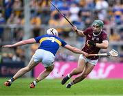 24 June 2023; Evan Niland of Galway in action against Eoghan Connolly of Tipperary during the GAA Hurling All-Ireland Senior Championship Quarter Final match between Galway and Tipperary at TUS Gaelic Grounds in Limerick. Photo by Piaras Ó Mídheach/Sportsfile