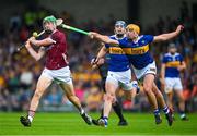 24 June 2023; Cianan Fahy of Galway is tackled by Ronan Maher of Tipperary during the GAA Hurling All-Ireland Senior Championship Quarter Final match between Galway and Tipperary at TUS Gaelic Grounds in Limerick. Photo by Ray McManus/Sportsfile