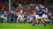 24 June 2023; Cianan Fahy of Galway is tackled by Ronan Maher of Tipperary during the GAA Hurling All-Ireland Senior Championship Quarter Final match between Galway and Tipperary at TUS Gaelic Grounds in Limerick. Photo by Ray McManus/Sportsfile