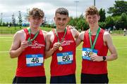 24 June 2023; Matthew Newell, 56,  from Colaste Bhaile Chlair, Connacht, after he won the Boy's 3000m Walk. His Connacht team-mates, second place Seamus Clarke, 36, from St Muredachs College Ballina, and third place Luke Fitzmaurice, 46, from Lough Allen College during the 123.ie Tailteann School’s Interprovincial Games at the SETU Campus in Carlow. Photo by Matt Browne/Sportsfile