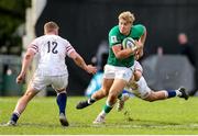 24 June 2023; Hugh Gavin of Ireland attempts to get past Joseph Woodward and Connor Slevin of England during the U20 Rugby World Cup match between England and Ireland at Paarl Gymnasium in Paarl, South Africa. Photo by Shaun Roy/Sportsfile