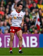 24 June 2023; Darren McCurry of Tyrone celebrates after kicking a point during the GAA Football All-Ireland Senior Championship Preliminary Quarter Final match between Donegal and Tyrone at MacCumhaill Park in Ballybofey, Donegal. Photo by Brendan Moran/Sportsfile