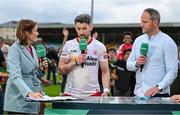 24 June 2023; Matthew Donnelly of Tyrone is interviewed by Gráinne McElwain of GAAGO, in the company of former Donegal footballer Michael Murphy after the GAA Football All-Ireland Senior Championship Preliminary Quarter Final match between Donegal and Tyrone at MacCumhaill Park in Ballybofey, Donegal. Photo by Brendan Moran/Sportsfile