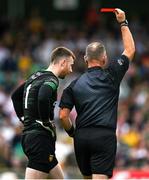 24 June 2023; Donegal goalkeeper Shaun Patton is shown a red card by referee Conor Lane during the GAA Football All-Ireland Senior Championship Preliminary Quarter Final match between Donegal and Tyrone at MacCumhaill Park in Ballybofey, Donegal. Photo by Brendan Moran/Sportsfile