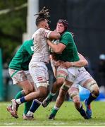 24 June 2023; James McNabney of Ireland is tackled by Chandler Cunningham-South of England and England captain Lewis Chessum during the U20 Rugby World Cup match between England and Ireland at Paarl Gymnasium in Paarl, South Africa. Photo by Shaun Roy/Sportsfile