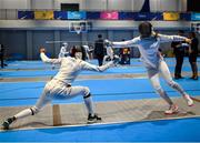 25 June 2023; Isobel Radford-Dodd of Ireland of Ireland, right, in action against Luca Barta of Hungary in the Women's Modern Pentathlon at the AWF Sports Centre Arena during the European Games 2023 in Krakow, Poland. Photo by David Fitzgerald/Sportsfile