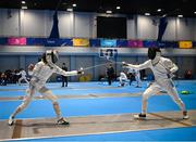 25 June 2023; Sive Brassil of Ireland, right, in action against Luca Barta of Hungary in the Women's Modern Pentathlon at the AWF Sports Centre Arena during the European Games 2023 in Krakow, Poland. Photo by David Fitzgerald/Sportsfile