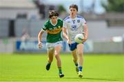 24 June 2023; Andrew Stuart of Monaghan in action against Stephen Gannon of Kerry during the Electric Ireland GAA All-Ireland Football Minor Championship Semi-Final match between Kerry and Monaghan at Glenisk O'Connor Park in Tullamore, Offaly. Photo by Seb Daly/Sportsfile