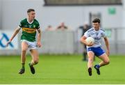 24 June 2023; Caolan Clerkin of Monaghan in action against Tomás Kennedy of Kerry during the Electric Ireland GAA All-Ireland Football Minor Championship Semi-Final match between Kerry and Monaghan at Glenisk O'Connor Park in Tullamore, Offaly. Photo by Seb Daly/Sportsfile