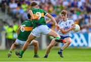 24 June 2023; Tommy Mallen of Monaghan in action against Keelan O’Shea, 6, and Daniel Kirby of Kerry during the Electric Ireland GAA All-Ireland Football Minor Championship Semi-Final match between Kerry and Monaghan at Glenisk O'Connor Park in Tullamore, Offaly. Photo by Seb Daly/Sportsfile