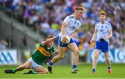 24 June 2023; Max McGinnity of Monaghan in action against Daniel Kirby of Kerry during the Electric Ireland GAA All-Ireland Football Minor Championship Semi-Final match between Kerry and Monaghan at Glenisk O'Connor Park in Tullamore, Offaly. Photo by Seb Daly/Sportsfile