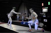 25 June 2023; Jadryn Dick of Ireland, left, in action against Krzysztof Kaczkowski of Poland in the Fencing men's sabre individual match at the Tauron Arena during the European Games 2023 in Krakow, Poland. Photo by David Fitzgerald/Sportsfile