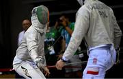 25 June 2023; Jadryn Dick of Ireland, left, in action against Krzysztof Kaczkowski of Poland in the Fencing men's sabre individual match at the Tauron Arena during the European Games 2023 in Krakow, Poland. Photo by David Fitzgerald/Sportsfile