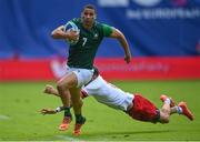 25 June 2023; Jordan Conroy of Ireland in action against Bartlomiej Sadowski of Poland in the Men's Rugby Sevens match between Ireland and Poland at the Henryk Reyman Stadium during the European Games 2023 in Krakow, Poland. Photo by David Fitzgerald/Sportsfile