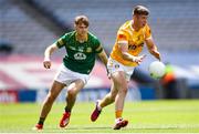 25 June 2023; Adam Loughran of Antrim in action against Cathal Hickey of Meath during the Tailteann Cup Semi Final match between Antrim and Meath at Croke Park in Dublin. Photo by Michael P Ryan/Sportsfile