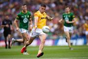 25 June 2023; Patrick McBride of Antrim in action against Harry O'Higgins of Meath during the Tailteann Cup Semi Final match between Antrim and Meath at Croke Park in Dublin. Photo by Michael P Ryan/Sportsfile