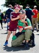 25 June 2023; Galway and Mayo supporters father and son Ruarí and Adrian Carey, from Salthill in Galway, before the GAA Football All-Ireland Senior Championship Preliminary Quarter Final match between Galway and Mayo at Pearse Stadium in Galway. Photo by Seb Daly/Sportsfile