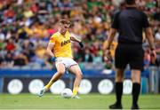 25 June 2023; Dominic McEnhill of Antrim shoots to score his side's first goal from a penalty during the Tailteann Cup Semi Final match between Antrim and Meath at Croke Park in Dublin. Photo by Michael P Ryan/Sportsfile