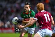 25 June 2023; Jason Doherty of Mayo in action against Seán Fitzgerald of Galway during the GAA Football All-Ireland Senior Championship Preliminary Quarter Final match between Galway and Mayo at Pearse Stadium in Galway. Photo by Brendan Moran/Sportsfile