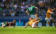 25 June 2023; Jordan Morris of Meath shoots to score his side's second goal during the Tailteann Cup Semi Final match between Antrim and Meath at Croke Park in Dublin. Photo by Michael P Ryan/Sportsfile