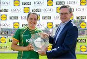 25 June 2023; Niamh Gallogly of Meath is presented with her player of the match trophy by Irial Mac Murchu after the TG4 Ladies Football All-Ireland Championship match between Waterford and Meath at Fraher Field in Dungarvan, Waterford. Photo by Matt Browne/Sportsfile