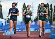 25 June 2023; Ireland Modern Pentathletes, from left, Hanna D'Aughton, Sive Brassil and Isobel Radford-Dodd warm up before the Women's Modern Pentathlon at the AWF Sports Centre Arena during the European Games 2023 in Krakow, Poland. Photo by David Fitzgerald/Sportsfile