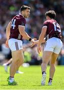 25 June 2023; Damien Comer of Galway, left, is congratulated by teammate Shane Walsh after scoring a point during the GAA Football All-Ireland Senior Championship Preliminary Quarter Final match between Galway and Mayo at Pearse Stadium in Galway. Photo by Seb Daly/Sportsfile