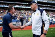 25 June 2023; Antrim manager Andy McEntee, left, shakes hands with Meath manager Colm O'Rourke after the Tailteann Cup Semi Final match between Antrim and Meath at Croke Park in Dublin. Photo by Michael P Ryan/Sportsfile