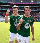 25 June 2023; Meath players Jack O'Connor, left, and Donal Keogan after their side's victory in the  the Tailteann Cup Semi Final match between Antrim and Meath at Croke Park in Dublin. Photo by Michael P Ryan/Sportsfile