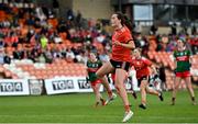 25 June 2023; Aimee Mackin of Armagh reacts after her penalty is saved by Mayo goalkeeper Laura Brennan during the TG4 Ladies Football All-Ireland Championship match between Armagh and Mayo at BOX-IT Athletic Grounds in Armagh. Photo by Sam Barnes/Sportsfile