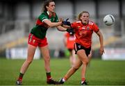25 June 2023; Clodagh McManamon of Mayo in action against Kelly Mallon of Armagh during the TG4 Ladies Football All-Ireland Championship match between Armagh and Mayo at BOX-IT Athletic Grounds in Armagh. Photo by Sam Barnes/Sportsfile