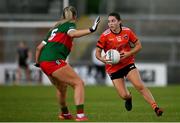25 June 2023; Emily Druse of Armagh in action against Ciara Needham of Mayo during the TG4 Ladies Football All-Ireland Championship match between Armagh and Mayo at BOX-IT Athletic Grounds in Armagh. Photo by Sam Barnes/Sportsfile