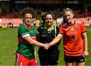 25 June 2023; Captains Kathryn Sullivan of Mayo and Kelly Mallon of Armagh shake hands infront  of referee Siobhan Coyle before the TG4 Ladies Football All-Ireland Championship match between Armagh and Mayo at BOX-IT Athletic Grounds in Armagh. Photo by Sam Barnes/Sportsfile