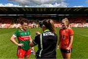 25 June 2023; Captains Kathryn Sullivan of Mayo and Kelly Mallon of Armagh with referee Siobhan Coyle at the toss before the TG4 Ladies Football All-Ireland Championship match between Armagh and Mayo at BOX-IT Athletic Grounds in Armagh. Photo by Sam Barnes/Sportsfile